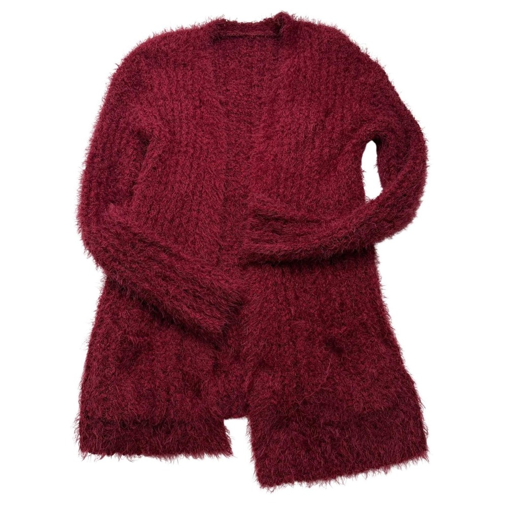 Burgundy Open Front Cardigan Eyelash Knit Sweater Front Pockets Longline Sz S/M
